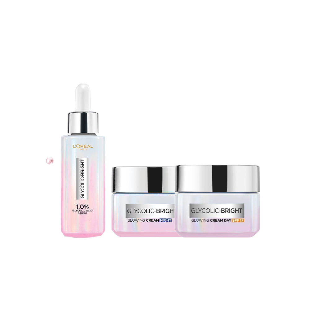 20% OFF Glycolic Bright Glowing Day Cream SPF17 50ml + Glycolic Bright Glowing Night Cream 50ml + Glycolic Bright Instant Glowing Face Serum 30ml