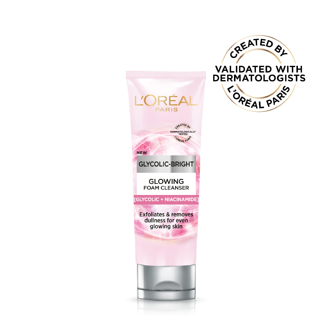 L’Oréal Paris, Glycolic-Bright Daily Glowing Foam Cleanser, with Glycolic Acid and Niacinamide, to Exfoliate and Remove Dullness for Even Glowing Skin, 100ml