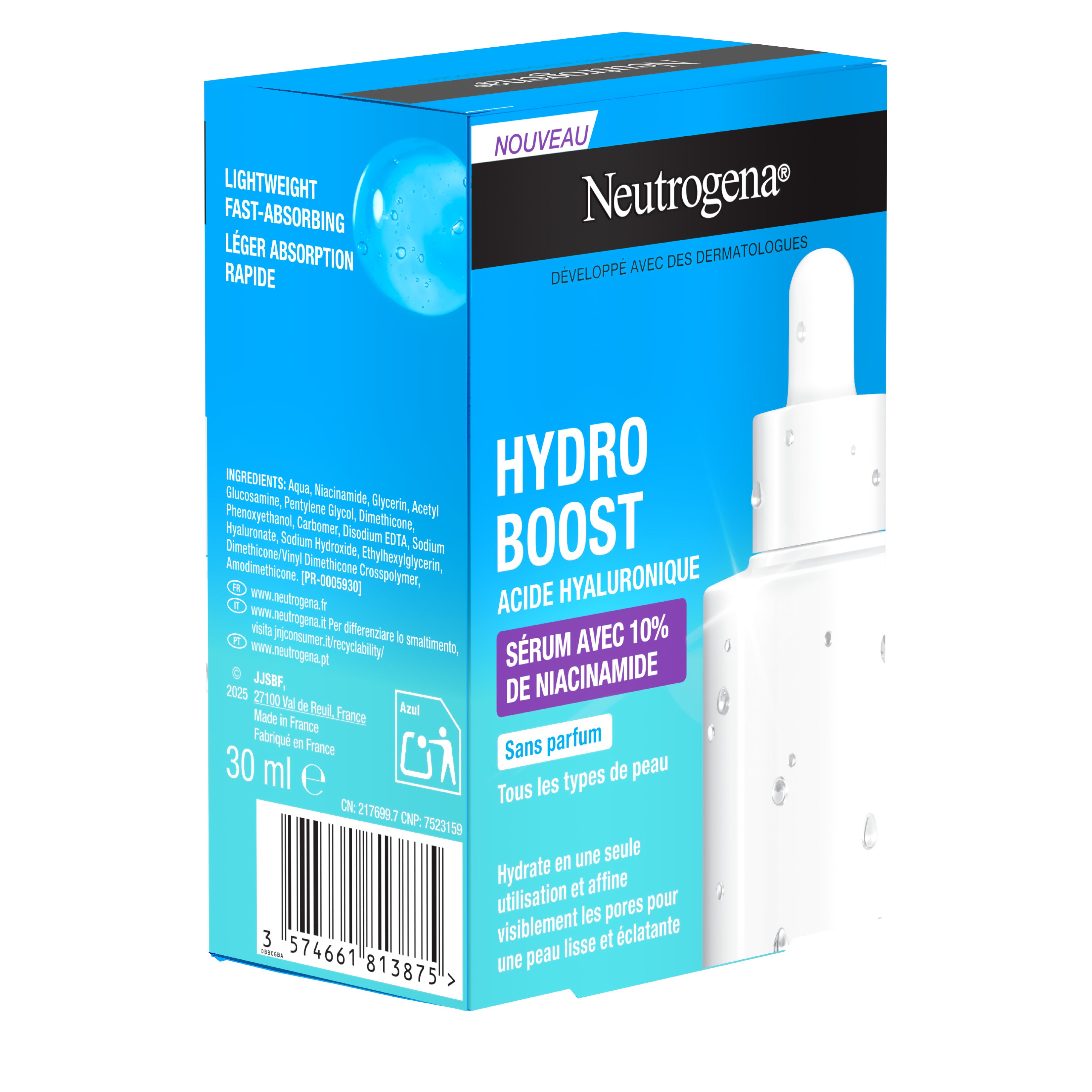 Neutrogena Sérum Hydro Boost 10% Niacinamide (flacon de 30 ml avec pipette) – Sérum hydratant à l'acide hyaluronique et niacinamide – Soin visage pour uniformiser et raviver le teint