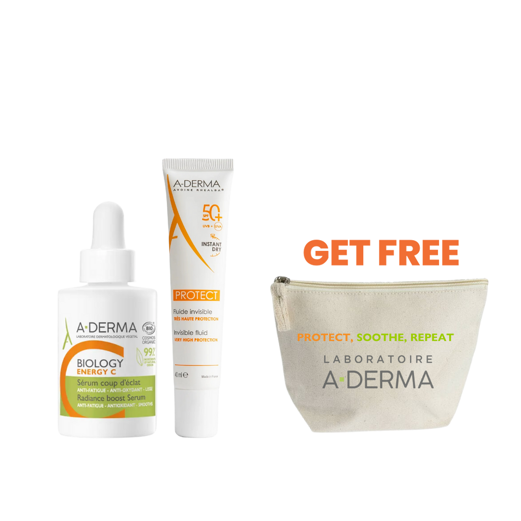 A-Derma Protect Invisible Fluid SPF50+ 40ml+ Aderma Biology Energy C Serum Coup d'Eclat + Pouch (Gift)