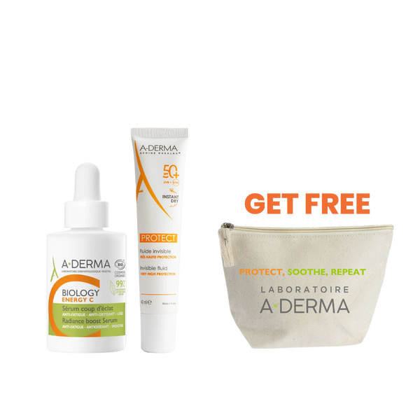 A-Derma Protect Invisible Fluid SPF50+ 40ml+ Aderma Biology Energy C Serum Coup d'Eclat + Pouch (Gift)