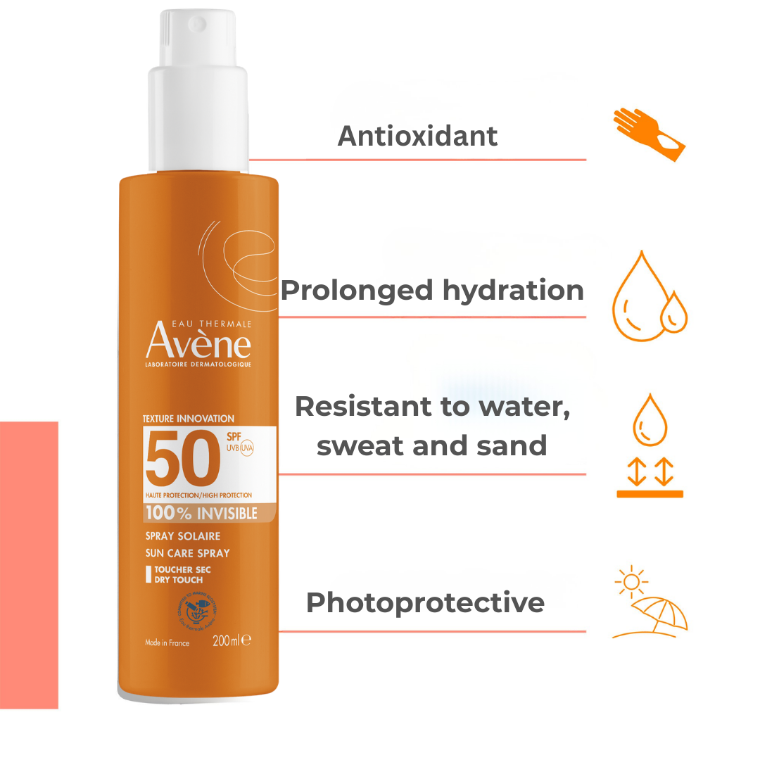 Buy Avène Sunscreen spray SPF50+ 200ml Get Avène Thermal Spring Water Spray 50ml | Light Weight & Invisible High Protection & Hydration