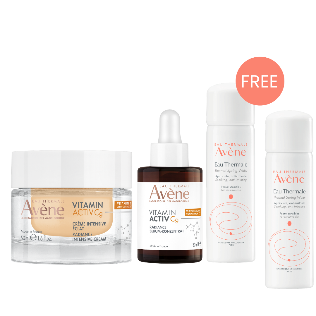 Buy Avène Radiance Vitamin Activ Cg corrector serum 30ml + Intensive Radiance Vitamin Activ Cg cream 30ml & get a FREE 50ml Thermal Spring Water (x2)