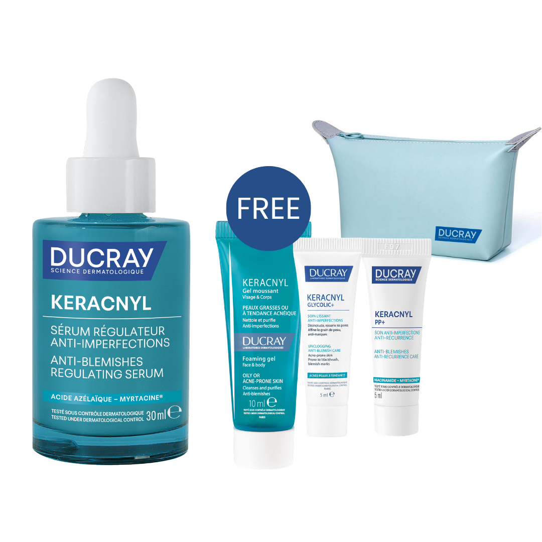 Buy Ducray Keracnyl anti-blemish regulating serum 30ml & get a FREE 10ml Keracnyl foaming gel + 5ml Keracnyl Glycolic+ cream + 5ml Keracnyl PP+ soothing cream + Pouch