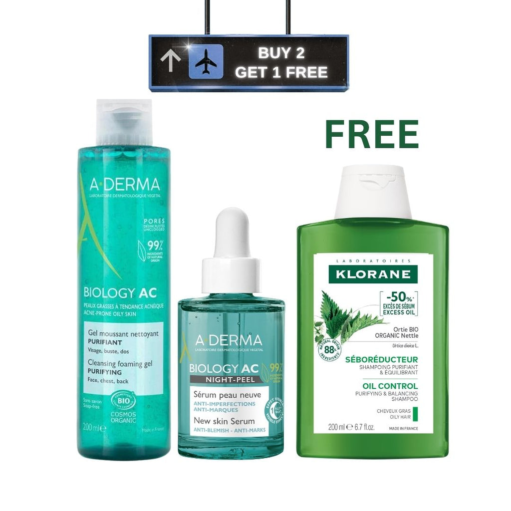 Buy 2 get 1: ADERMA BIOLOGY AC GEL 200ML + ADERMA BIOLOGY AC NIGHT PEEL NEW SKIN SERUM 30ML + KLORANE SHP SEBOREGULATEUR ORTIE 200ml