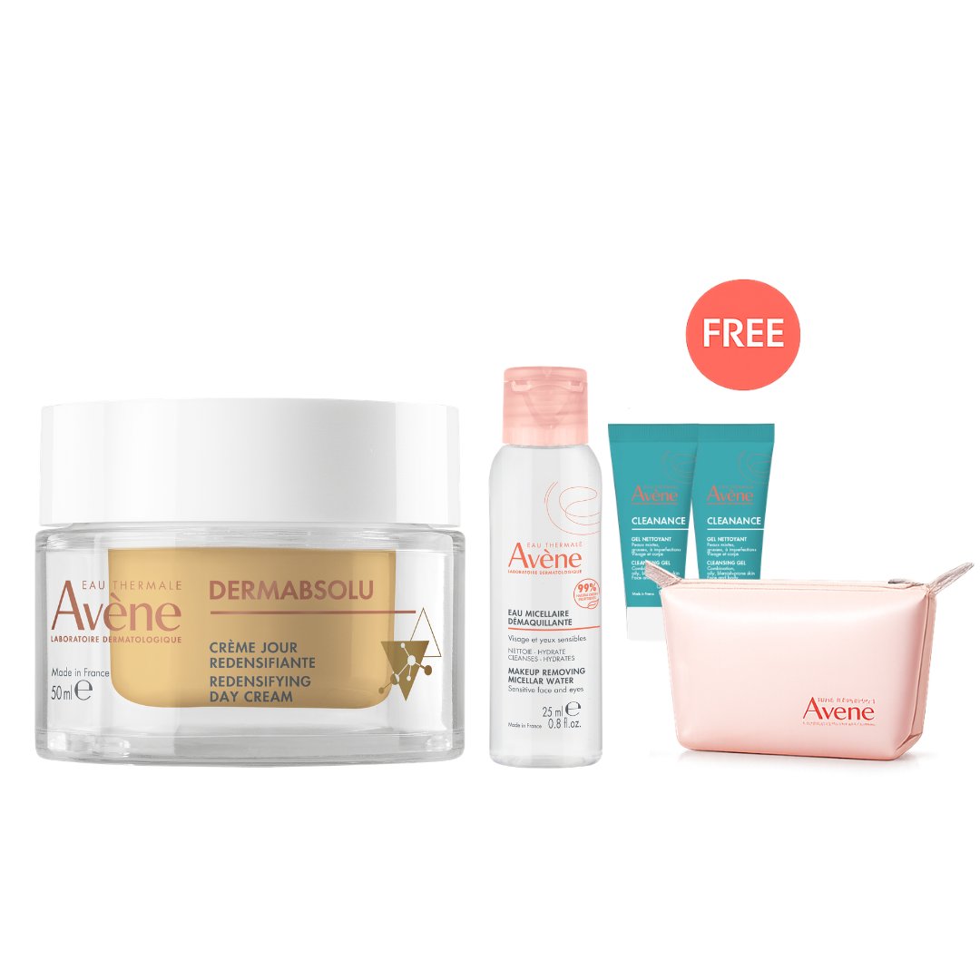 Buy Avène DermAbsolu Defining day cream 40ml & get a FREE 25ml micellar lotion + 15ml Cleanance cleansing gel (x2) + Pouch