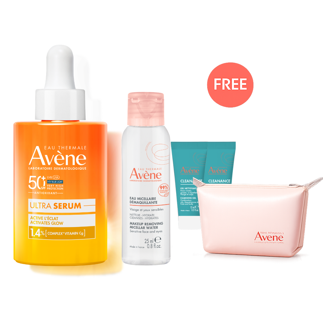 Buy Avène Ultra Glow serum SPF50+ 30ml & get a FREE 25ml micellar lotion + 15ml Cleanance cleansing gel (x2) + Pouch