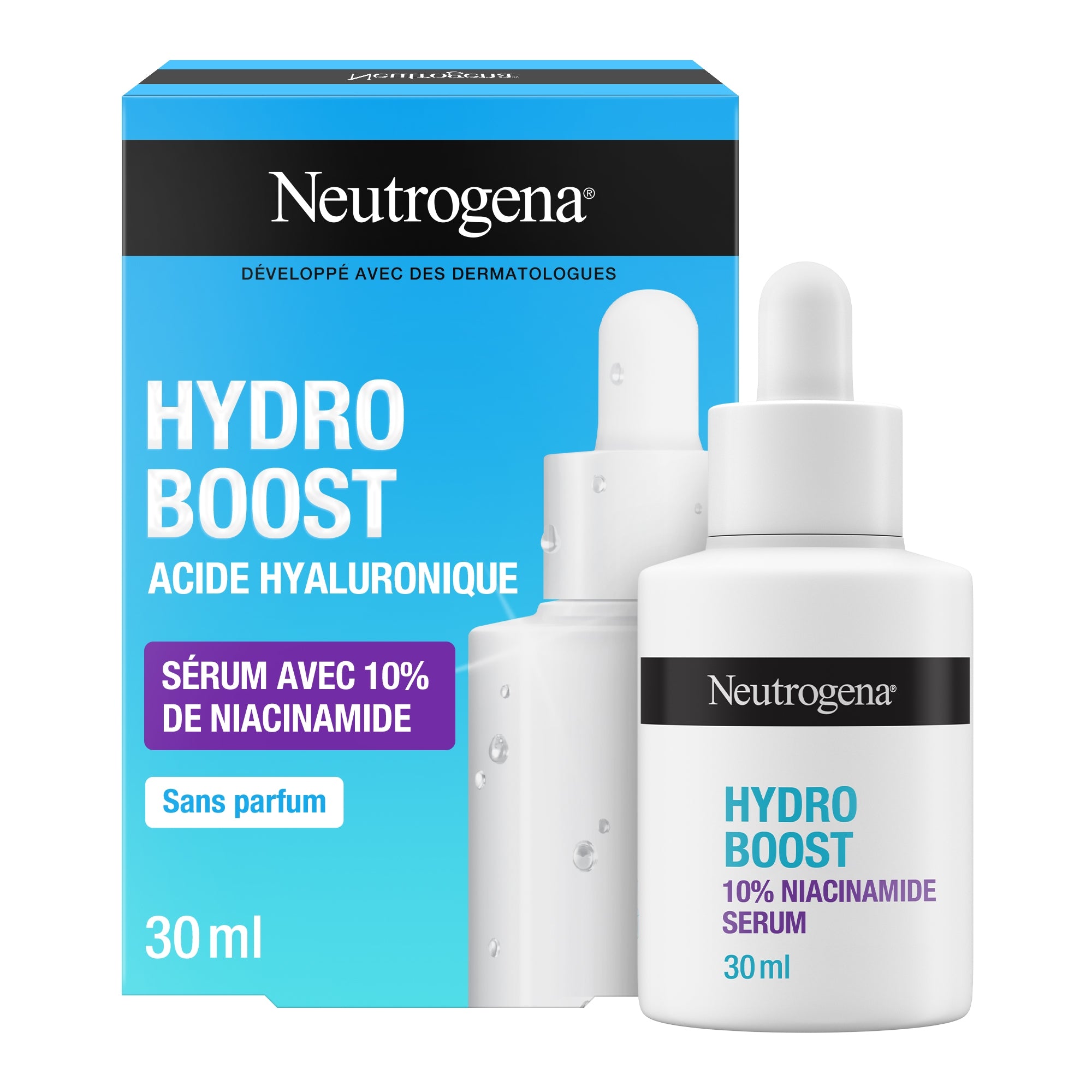 Neutrogena Sérum Hydro Boost 10% Niacinamide (flacon de 30 ml avec pipette) – Sérum hydratant à l'acide hyaluronique et niacinamide – Soin visage pour uniformiser et raviver le teint