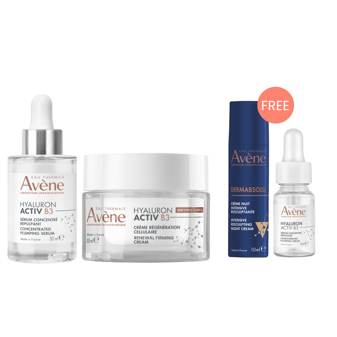 Buy Avène Hyaluron Activ B3 concentrated plumping serum 30ml + Hyaluron Activ B3 cellular regeneration cream 50ml & get a FREE 10ml DermAbsolu night balm + 10ml Hyaluron Activ B3 concentrated serum