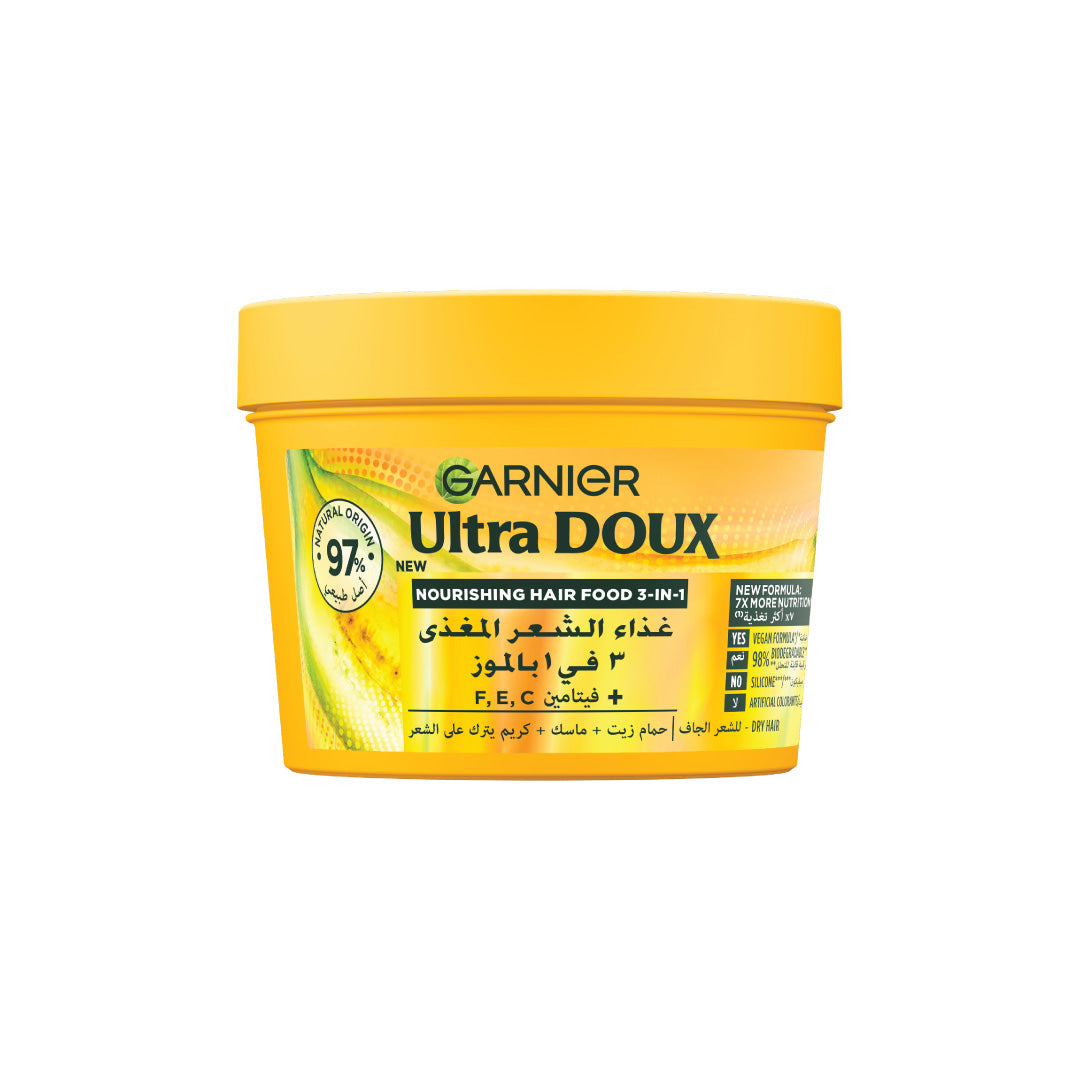 Garnier Ultra Doux Banana Vegan Hair Food 3in1 Mask for dry hair, Boosted with Vitamins C, E & F