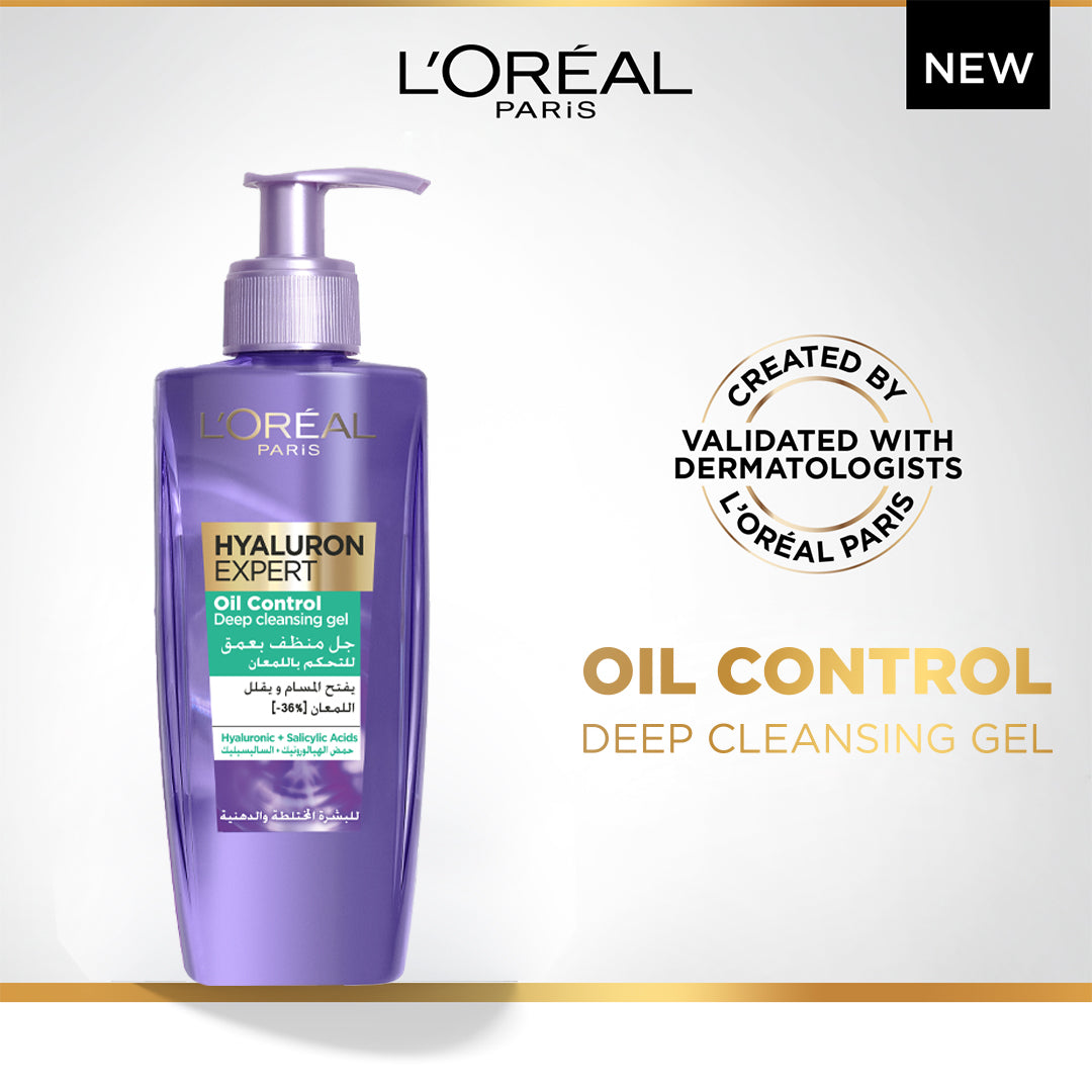 L’Oréal Paris, Hyaluron Expert Oil Control Deep Cleansing and Hydrating Gel, With Hyaluronic Acid and Salicylic Acid, for Combination to Oily Skin - 200ml