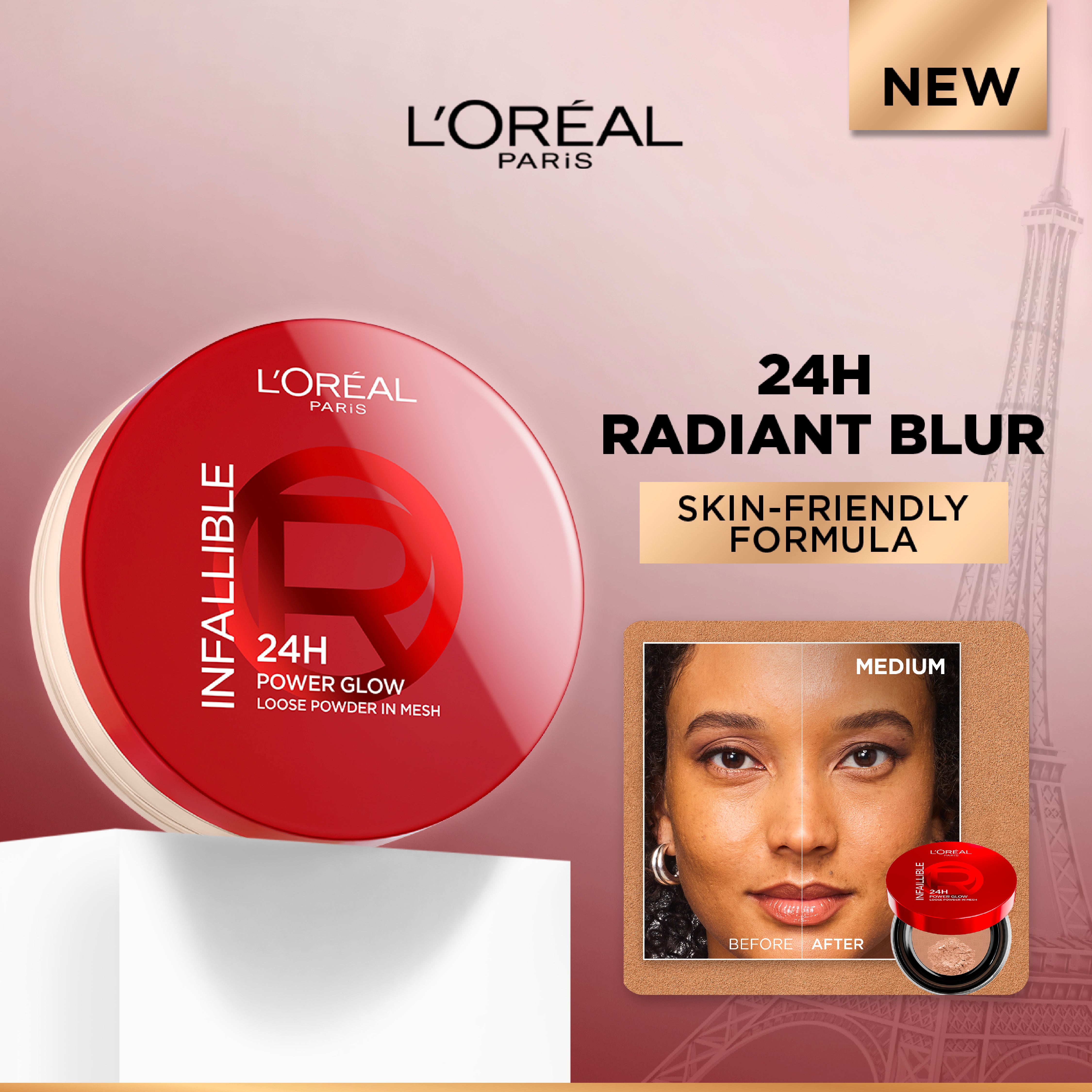 L’Oréal Paris Infaillible 24H Power Glow Loose Powder in Mesh, Pore Blurring, Radiant Glow, and Hydrating Formula with 2 Shades, 9.5g.