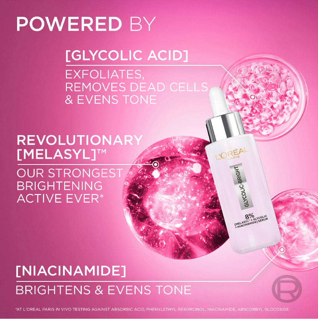 L’Oréal Paris, Glycolic Bright Face Serum, With 8% [Melasyl ™ + Glycolic Acid + Niacinamide], for Dark Spots and Brightening 30ml
