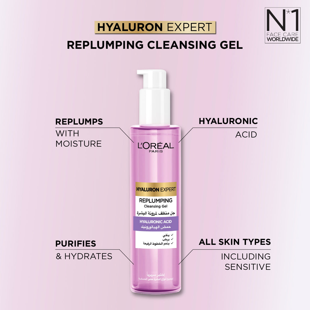 L’Oréal Paris, Hyaluron Expert Replumping Cleansing Gel, with Hyaluronic Acid, to Replump, Purify and Hydrate, for All Skin Types Including Sensitive, 150ml