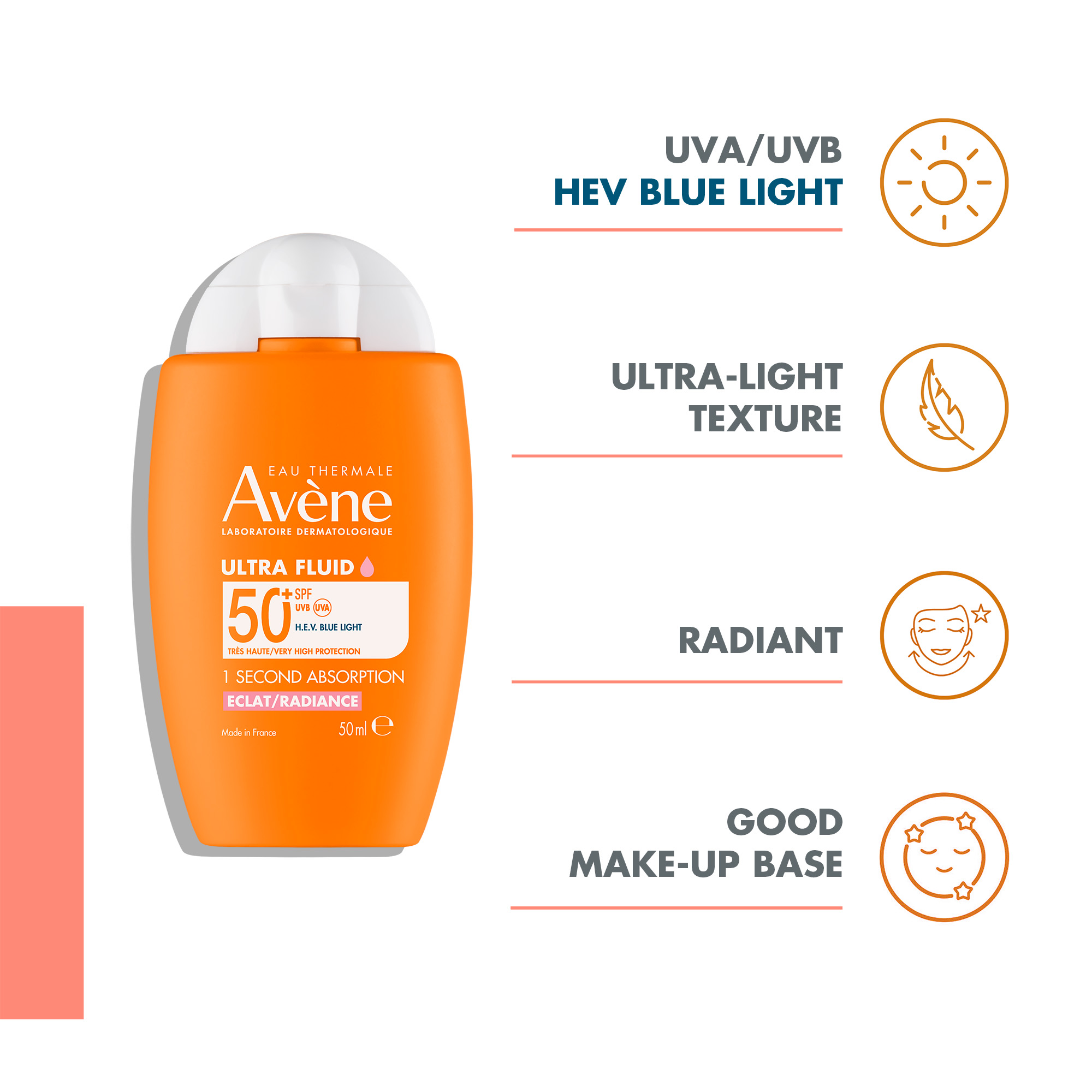 Avène Ultra fluid Eclat Radiance SPF50+ Sunscreen 50ml  | Ultra Light Hydrating Micropigments Tinted Sunscreen