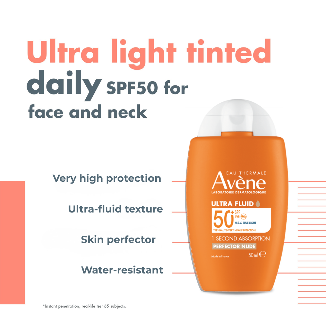 Avène Ultra Fluid Tinted Perfector SPF 50+ Sunscreen 50ml | Ultra Light Tinted Sunscreen for Sensitive Skin - no white cast