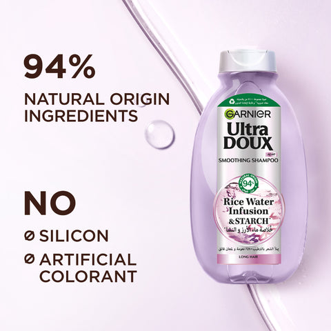 Garnier Ultra Doux Rice Water Infusion & Starch Shampoo, for Long Hair, Smooth and Shine