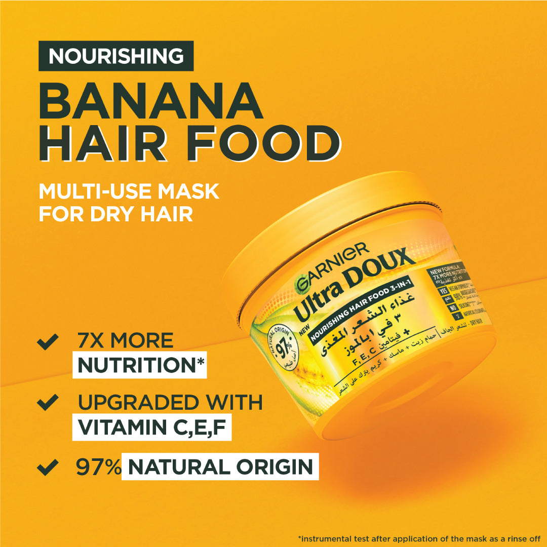 Garnier Ultra Doux Banana Vegan Hair Food 3in1 Mask for dry hair, Boosted with Vitamins C, E & F