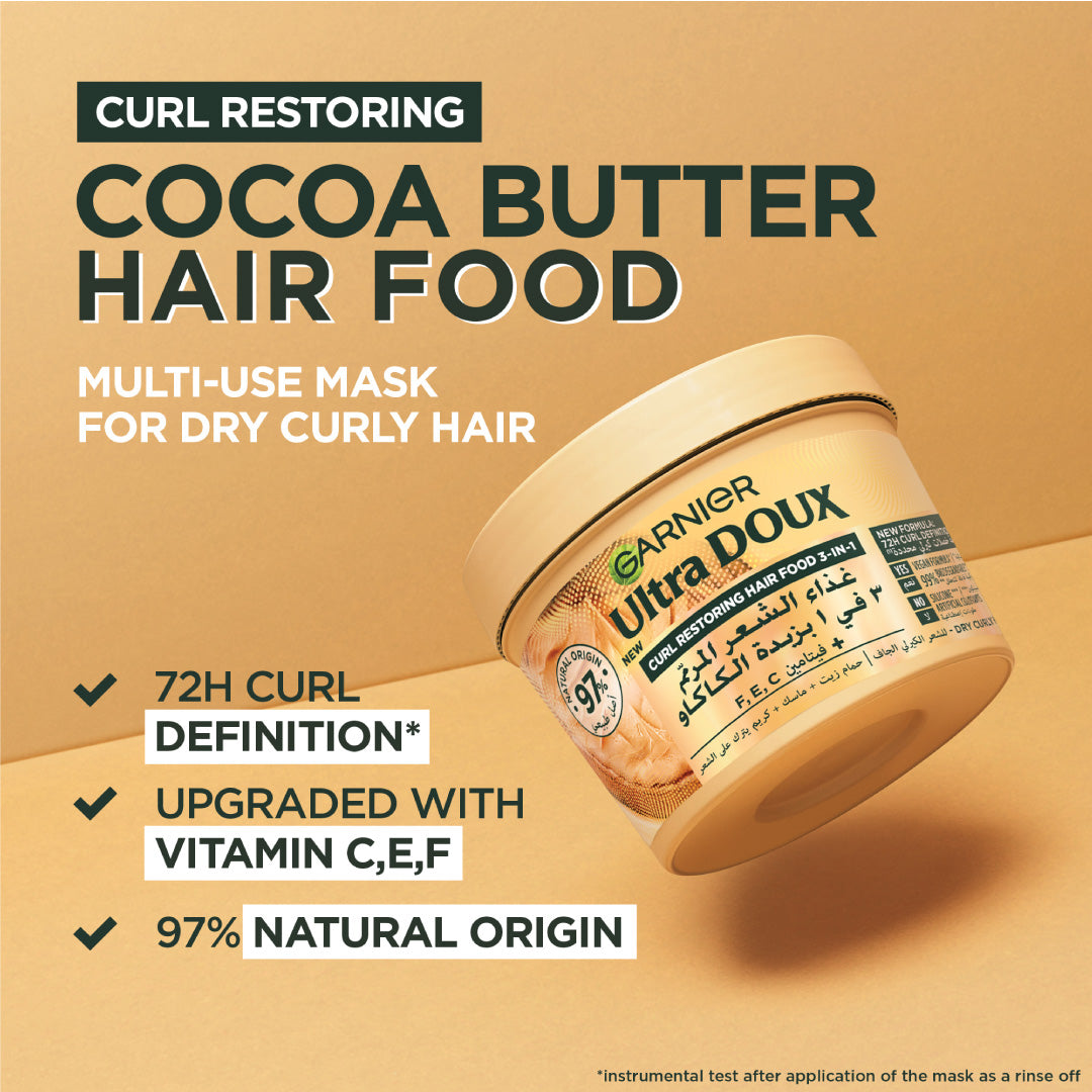 Garnier Ultra Doux Cocoa Butter Vegan Hair Food 3in1 Mask for curly hair, Boosted with Vitamins C, E & F