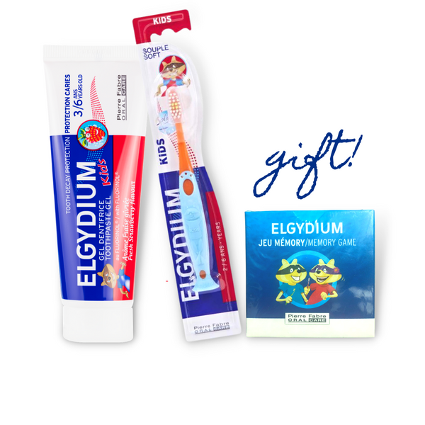Elgydium Kids Fresh Strawberry Toothpaste Ages 3 to 6 + ELGYDIUM KIDS TOOTHBRUSH AGES 2 TO 6 + FREE  Memory Game