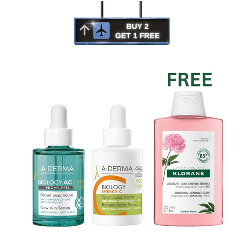 Buy 2 get 1: ADERMA BIOLOGY AC NIGHT PEEL NEW SKIN SERUM 30ML + ADERMA BIOLOGY HYALU 3 IN 1 SERUM 30ML + KLORANE SHP APAISANT PIVOINE 200ml