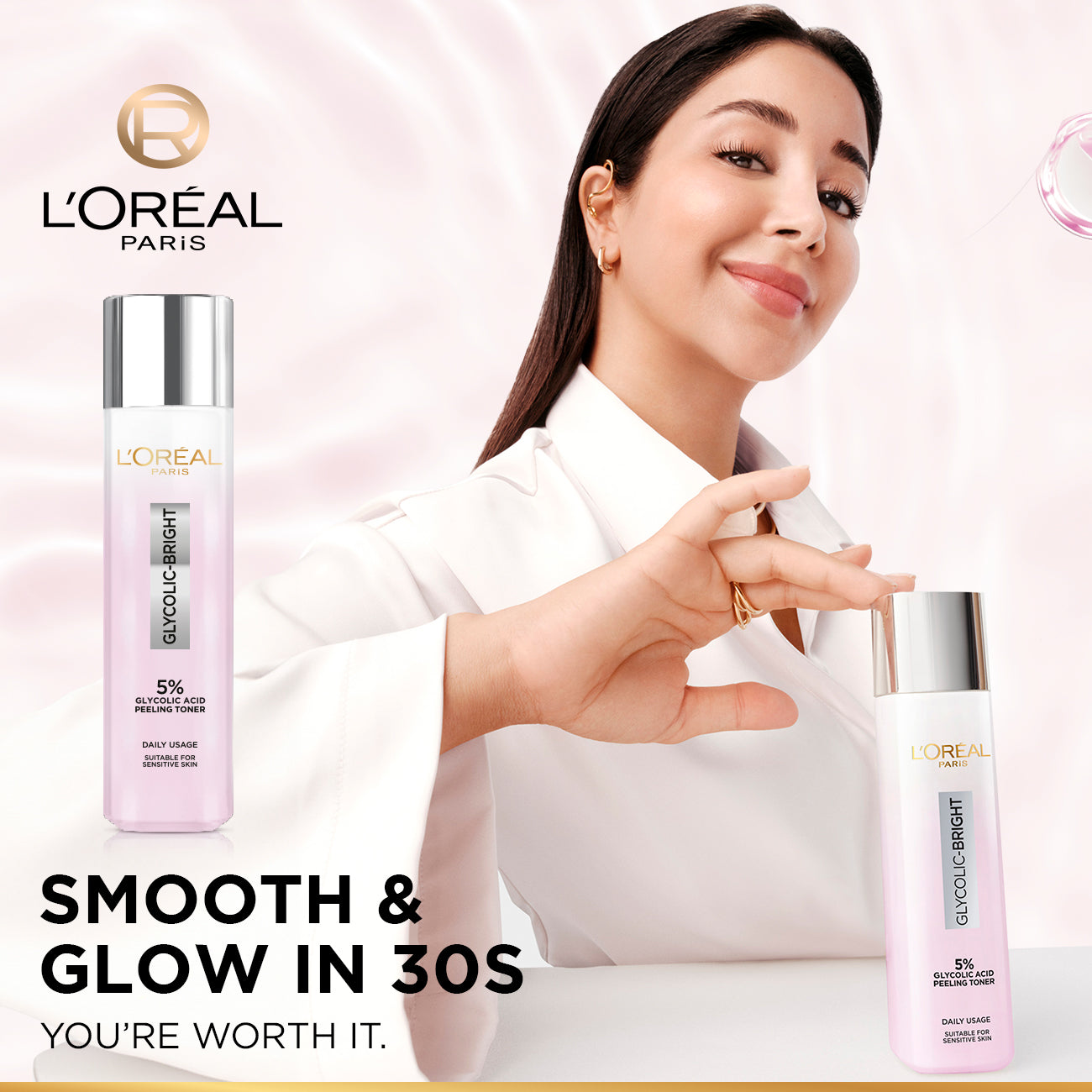 L’Oréal Paris, Glycolic-Bright Glowing Peeling Toner, with 5% Glycolic Acid, for Brightening, Dark Spots Reduction and Skin Tone Evening, 128ml