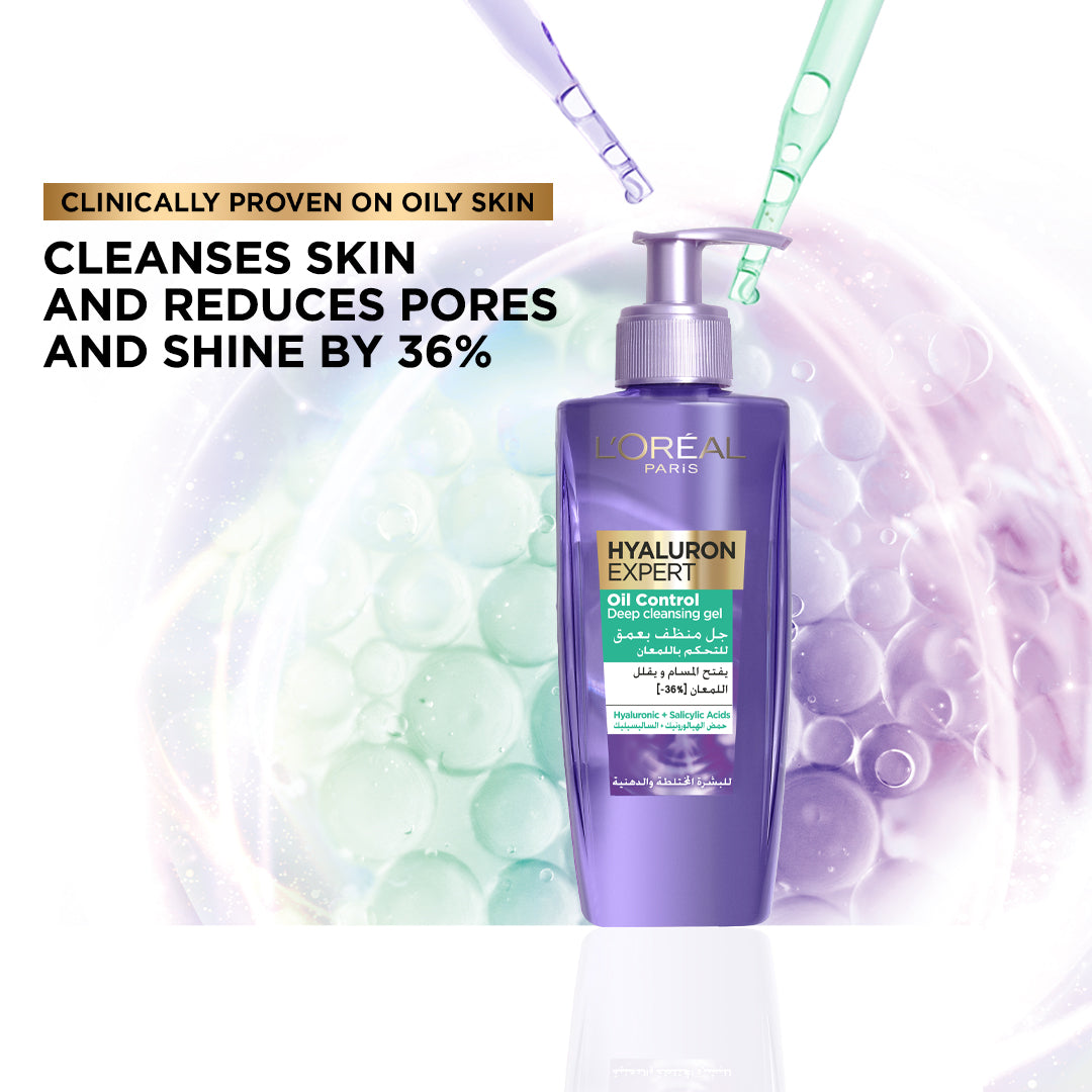 L’Oréal Paris, Hyaluron Expert Oil Control Deep Cleansing and Hydrating Gel, With Hyaluronic Acid and Salicylic Acid, for Combination to Oily Skin - 200ml