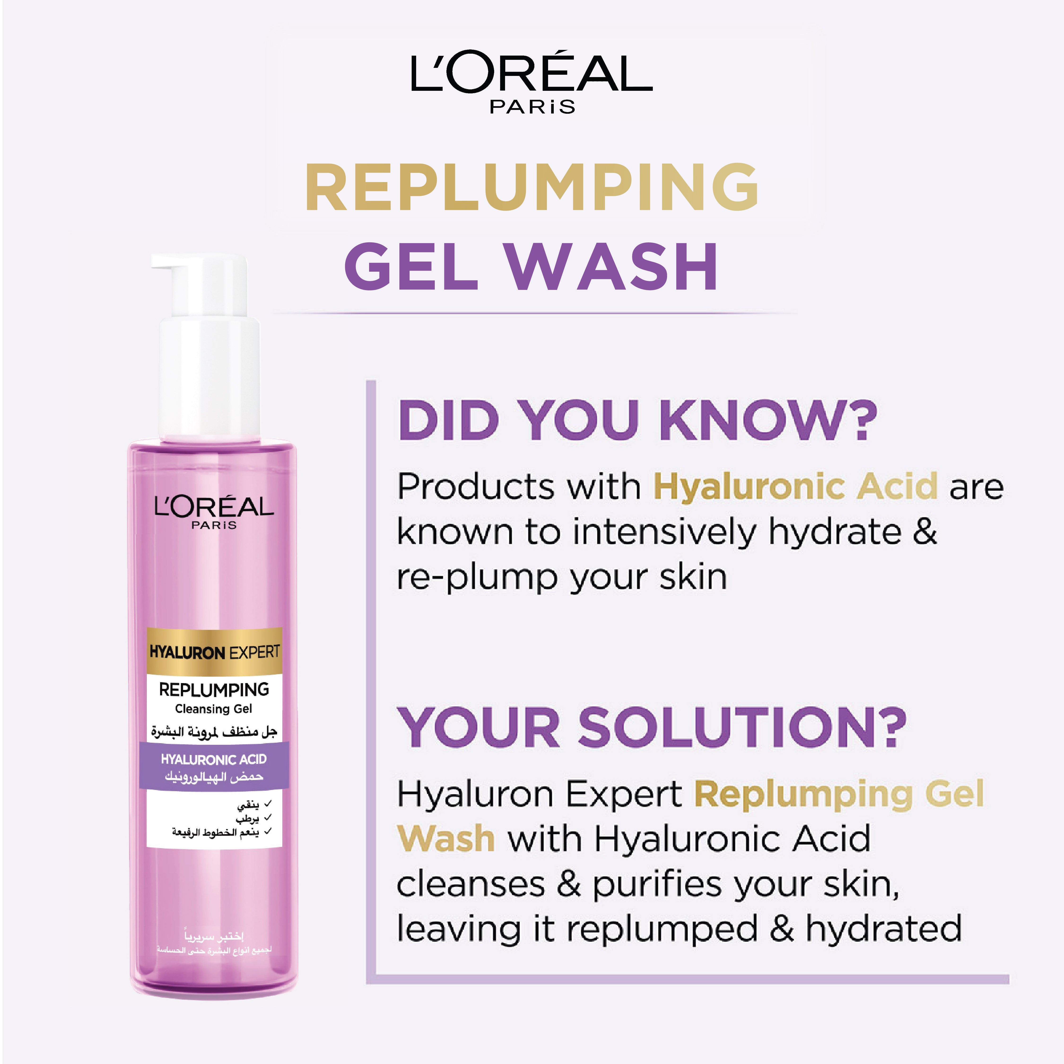 L’Oréal Paris, Hyaluron Expert Replumping Cleansing Gel, with Hyaluronic Acid, to Replump, Purify and Hydrate, for All Skin Types Including Sensitive, 150ml