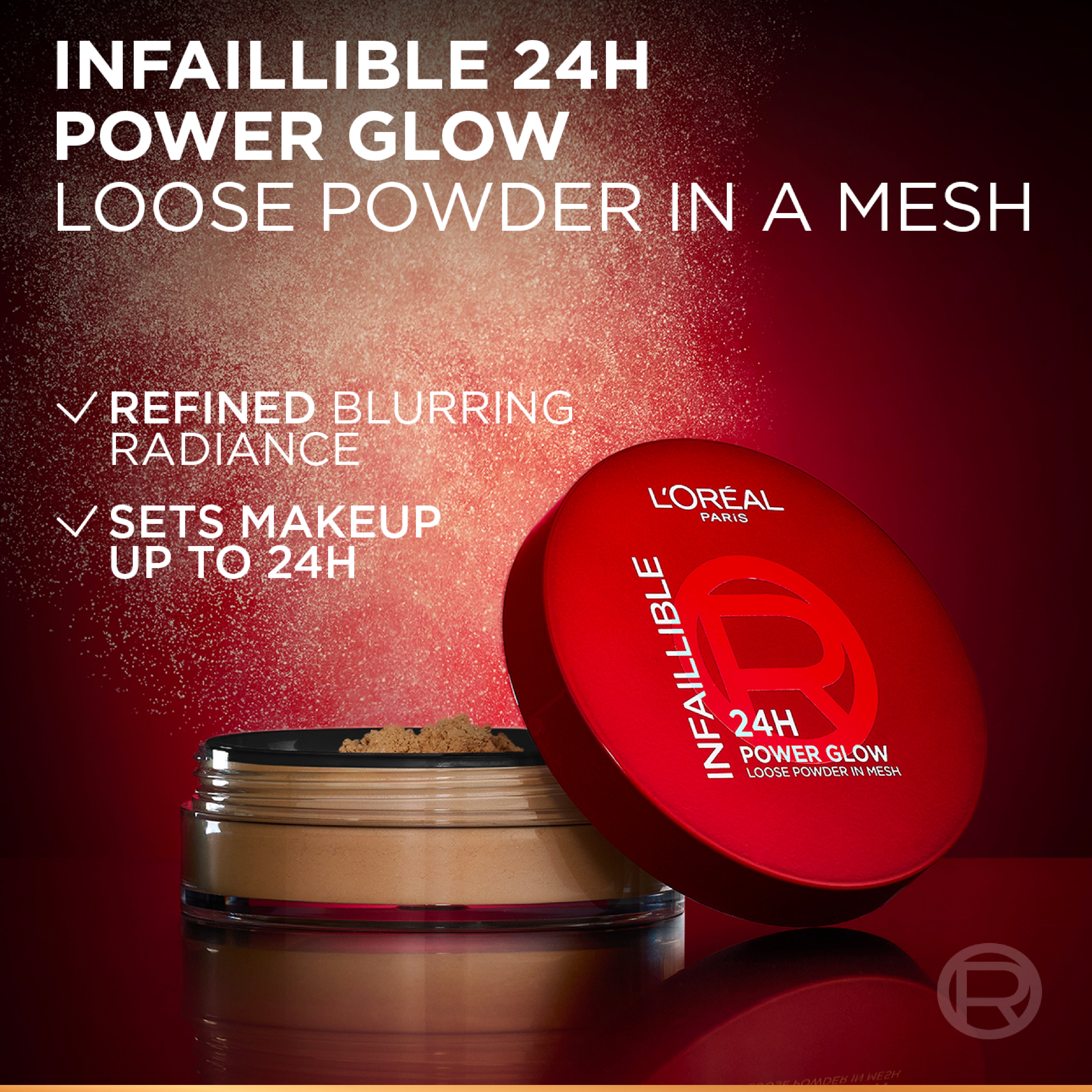 L’Oréal Paris Infaillible 24H Power Glow Loose Powder in Mesh, Pore Blurring, Radiant Glow, and Hydrating Formula with 2 Shades, 9.5g.