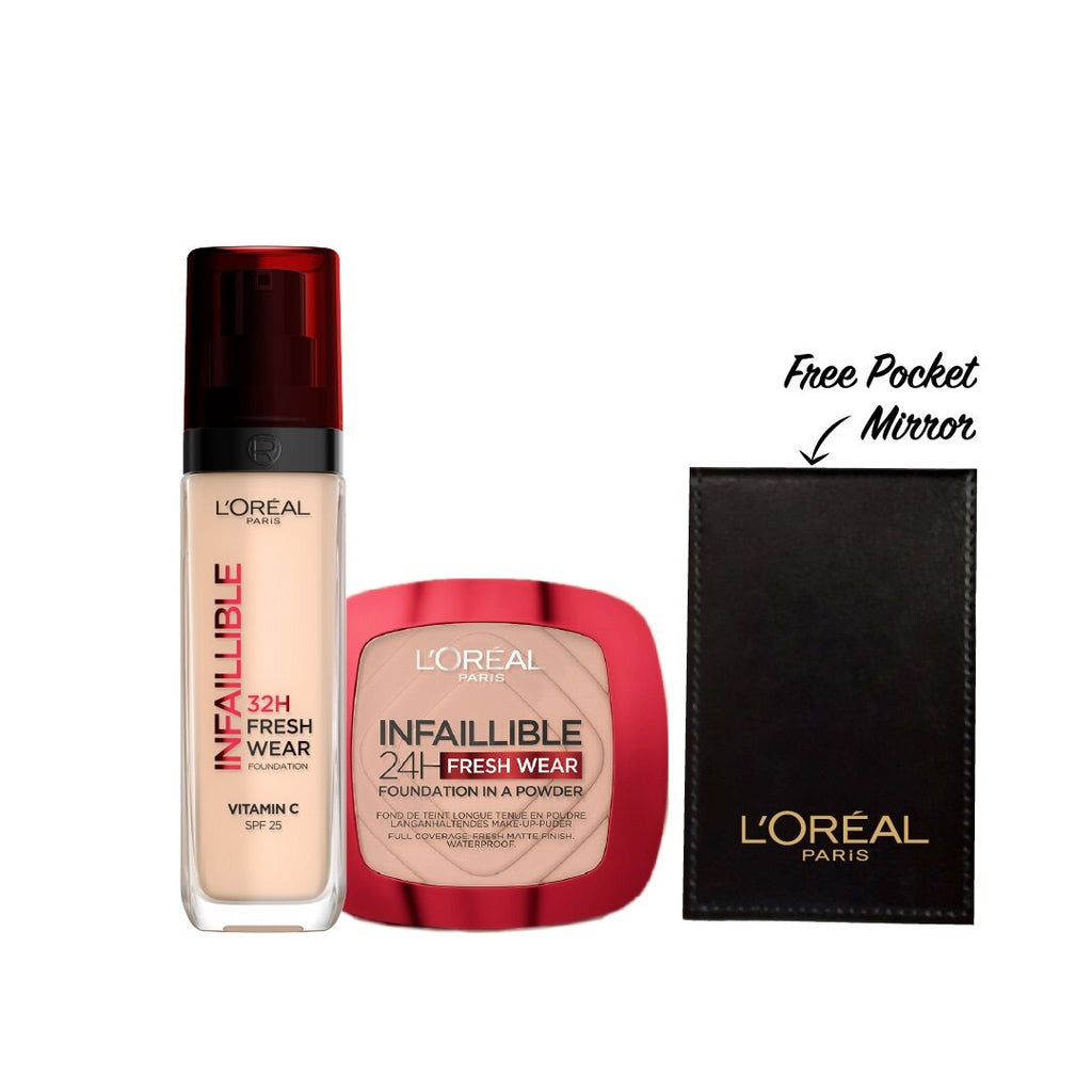 20% OFF  L'Oréal Paris -  Infallible 32H Fresh Wear Foundation spf25 + 24H FreshWear Foundation in a Powder + FREE Black Mirror