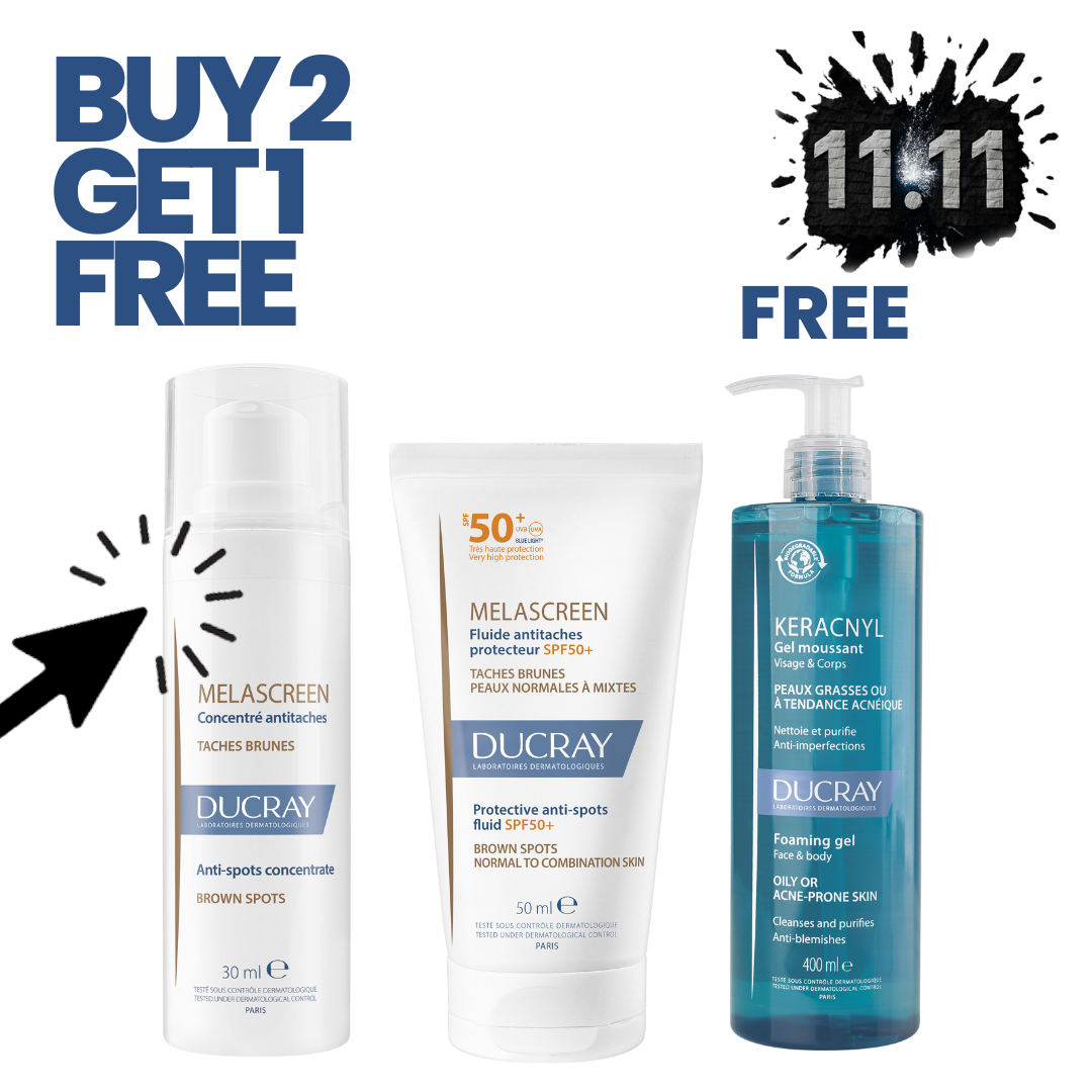 Buy Ducray Melascreen Anti-Spots Concentrate + Melascreen Protective Anti-Spots Fluid SPF 50+ & Get keracnyl gel Family Size 400ML(Free)