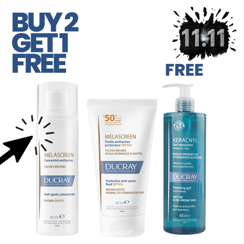 Buy Ducray Melascreen Anti-Spots Concentrate + Melascreen Protective Anti-Spots Fluid SPF 50+ & Get keracnyl gel Family Size 400ML(Free)
