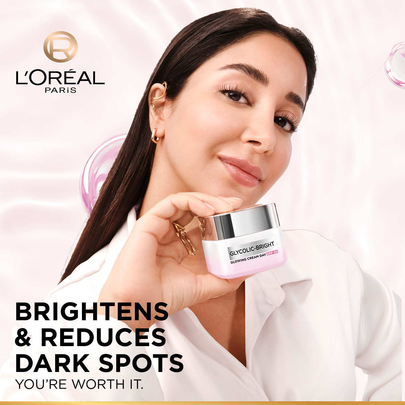 L’Oréal Paris Glycolic Bright Glowing and Brightening Day Cream with SPF30 to reduce dark spots, 50 ml