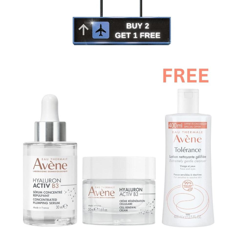 Buy 2 get 1:AVENE HYALURON ACTIV B3 CREME REGENERATION CELLULAIRE POT RECHARGEABLE 50ML + AVENE HYALURON ACTIV B3 SERUM CONCENTRE REPULPANT 30ML + AVENE EAU THERMALE TOLERANCE LOTION NETTOYANTE GELIFIEE 400ML