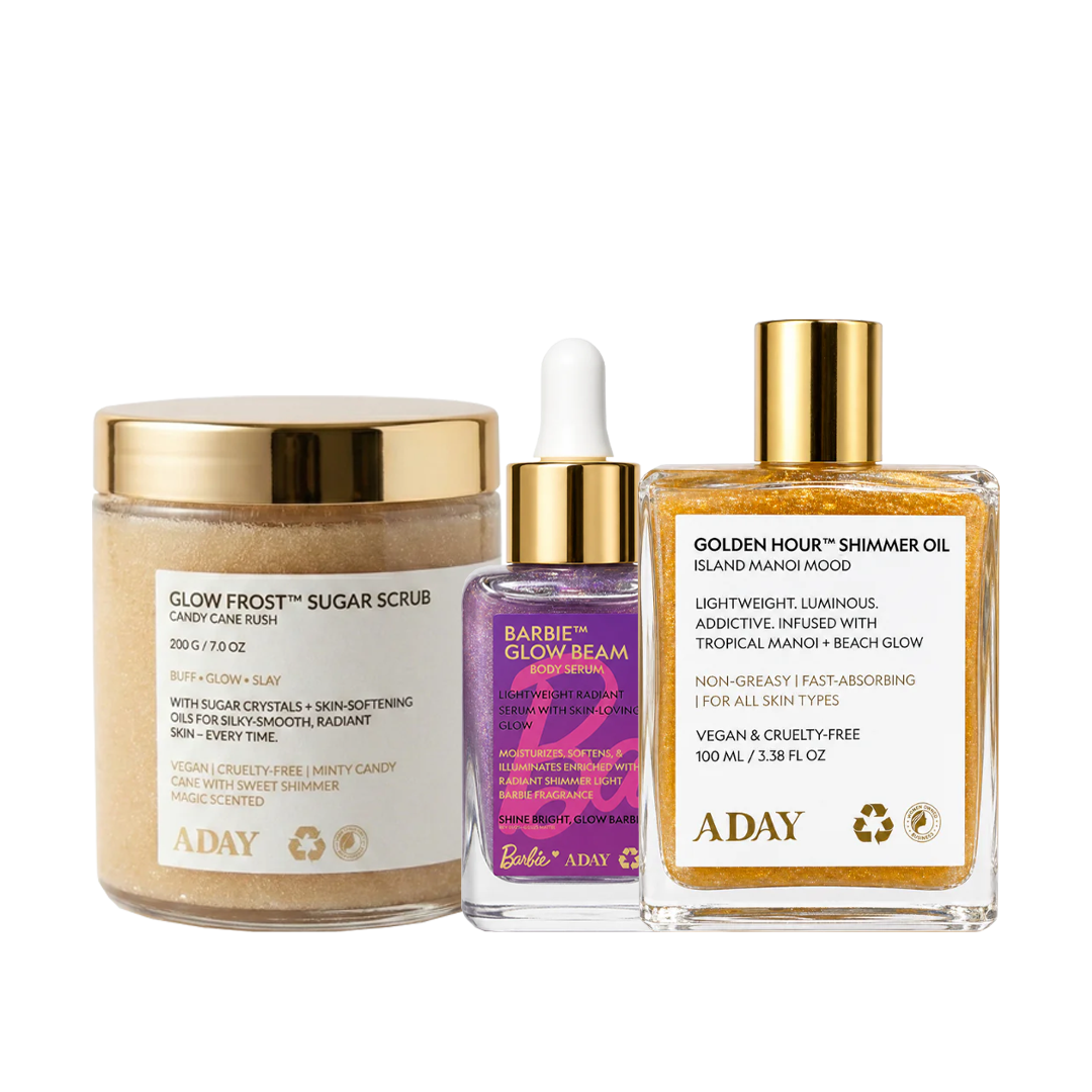 25 % OFF Aday Buy  Glow Frost Gold Scrub + Barbie Glow Beam Serum + Golden Hour Gold Oil