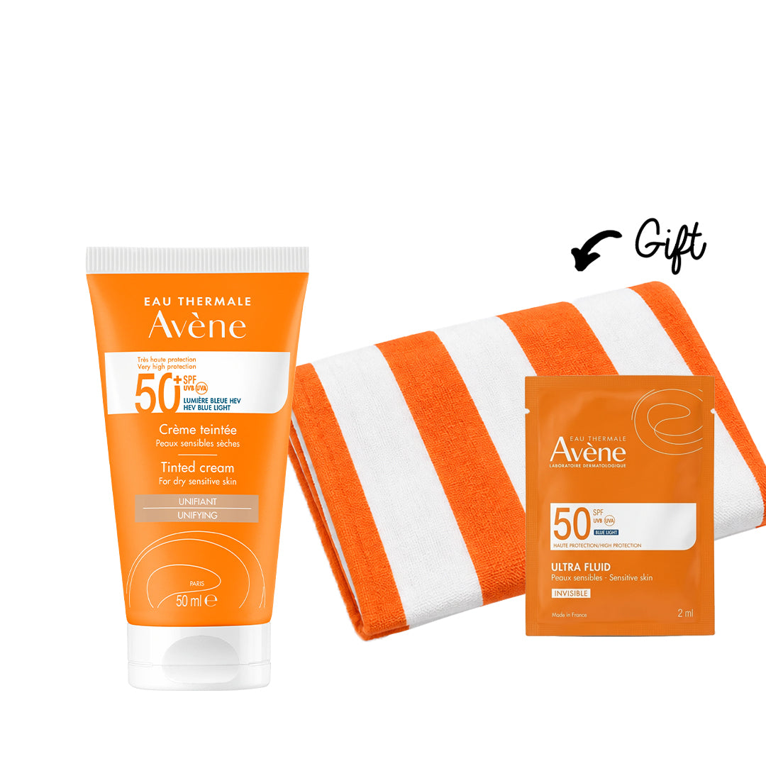 Buy Avène Sunscreen Tinted Cream SPF 50+ 50ml & get a FREE Towel + SPF Ultra Fluid Sachet