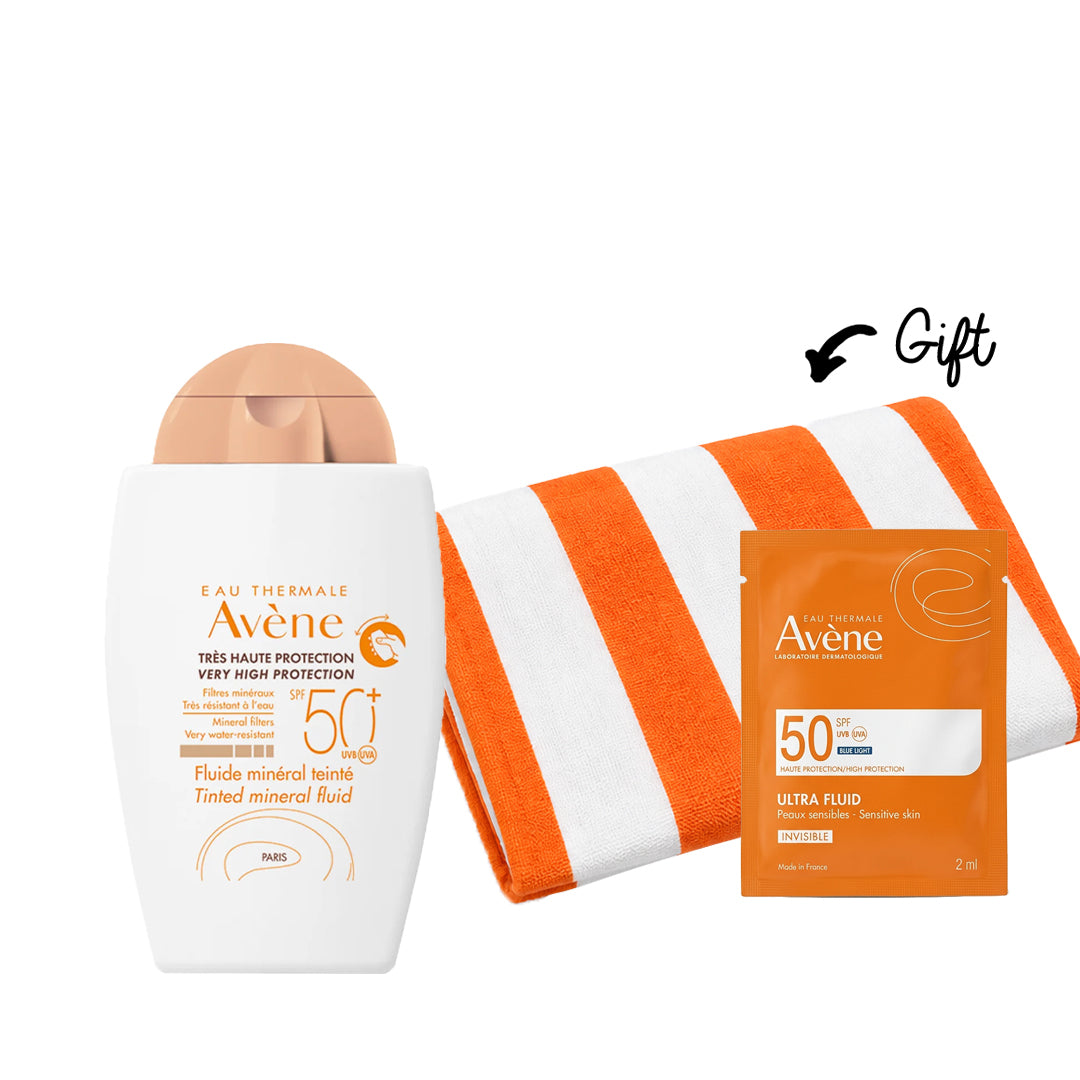 Buy Avène Mineral Sunscreen Fluid Tinted SPF 50+ 40ml & get a FREE Towel + SPF Ultra Fluid Sachet