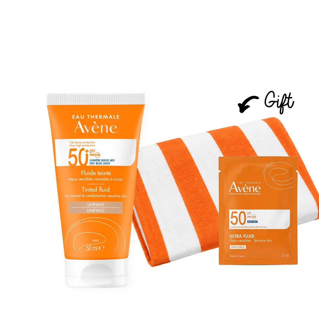 Buy Avène Sunscreen Tinted Fluid SPF 50+ 50ml & get a FREE Towel + SPF Ultra Fluid Sachet