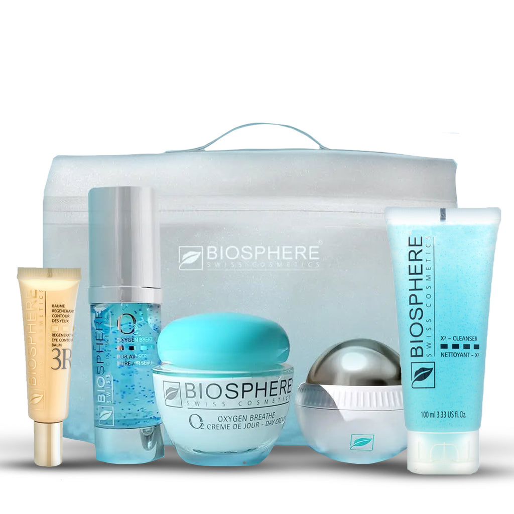 35% Off: X² Cleanser Exfoliating Gel 100ML + O2 Oxygen Breathe Day Cream+ Regenerating Eye Contour + O2 Oxygen Breathe Pure Air Serum + Gifts (Cryo-ball Silver & summer pouch)