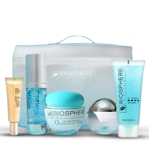 35% Off: X² Cleanser Exfoliating Gel 100ML + O2 Oxygen Breathe Day Cream+ Regenerating Eye Contour + O2 Oxygen Breathe Pure Air Serum + Gifts (Cryo-ball Silver & summer pouch)