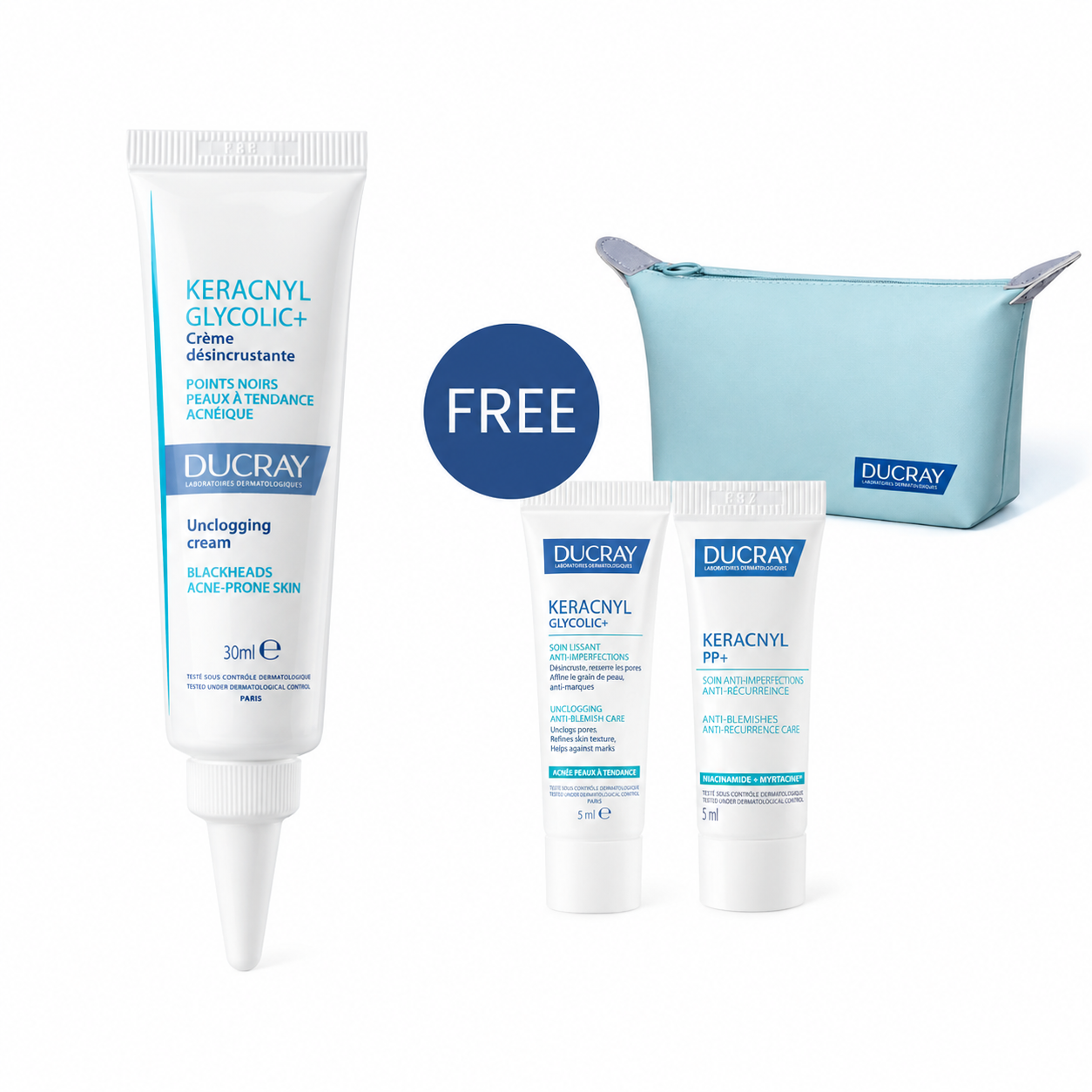 Buy Ducray Keracnyl Glycolic+ anti-blackhead cream 30ml & get a FREE 5ml Keracnyl Glycolic+ cream + 5ml Keracnyl PP+ soothing cream + Pouch