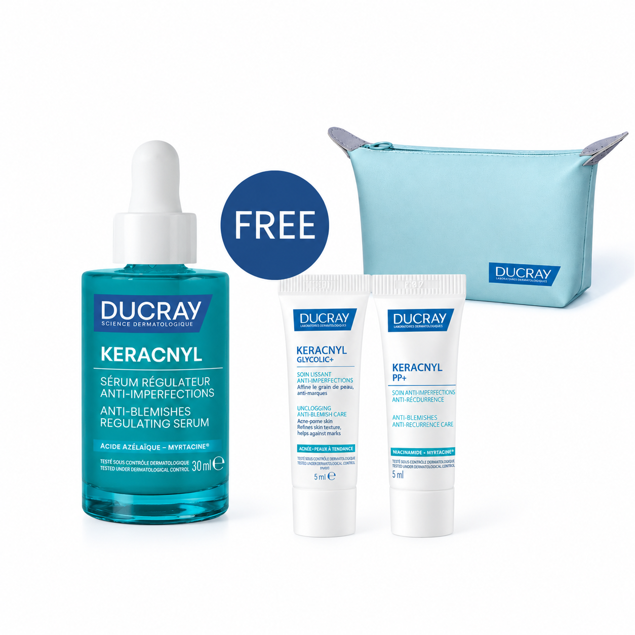 Buy Ducray Keracnyl anti-blemish regulating serum 30ml & get a FREE 5ml Keracnyl Glycolic+ cream + 5ml Keracnyl PP+ soothing cream + Pouch