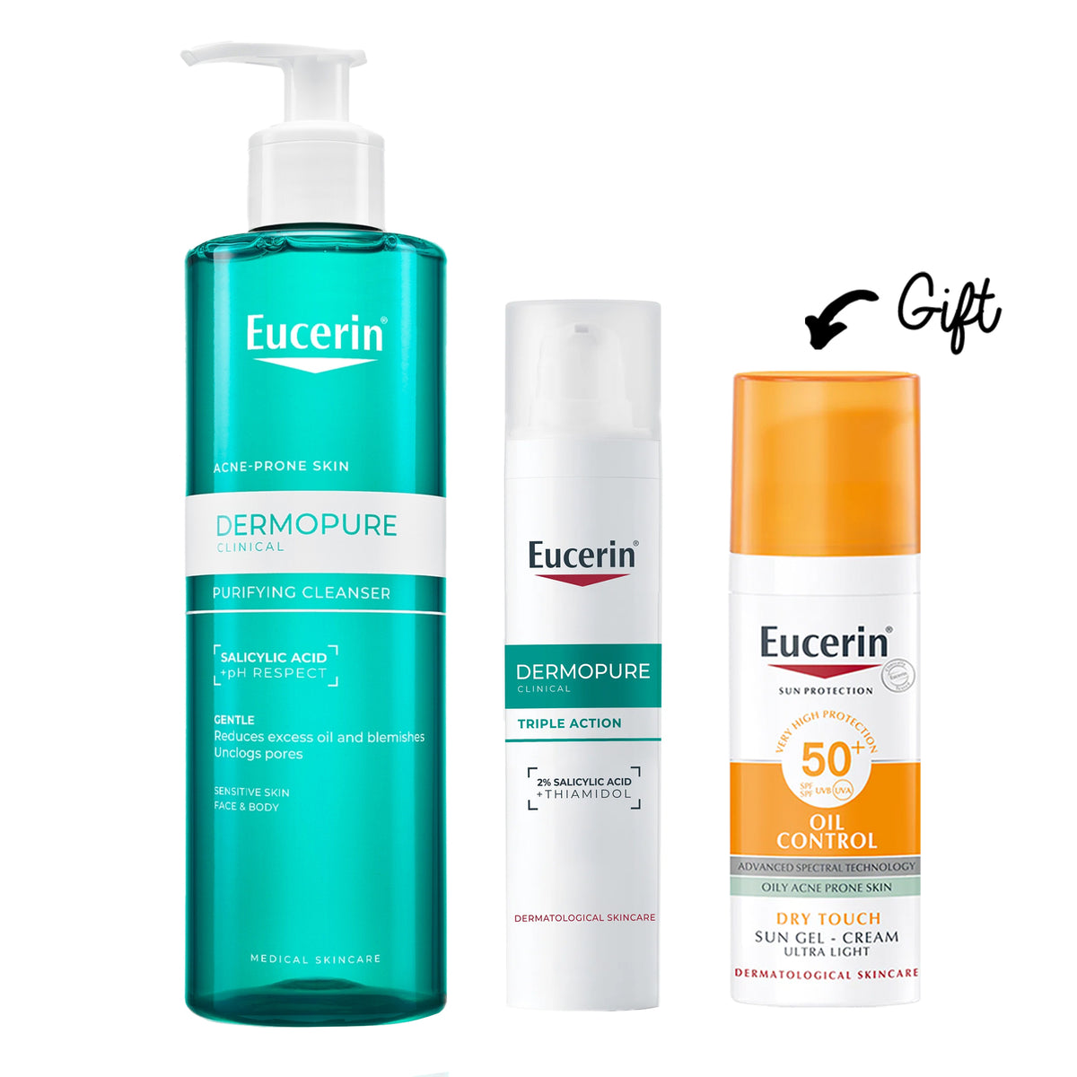 Buy Eucerin DermoPure Clinical Purifying Cleanser 200ml + Triple Action 40ml & get a FREE Oil Control Sun Gel-Cream Dry Touch SPF 50+ 50ml