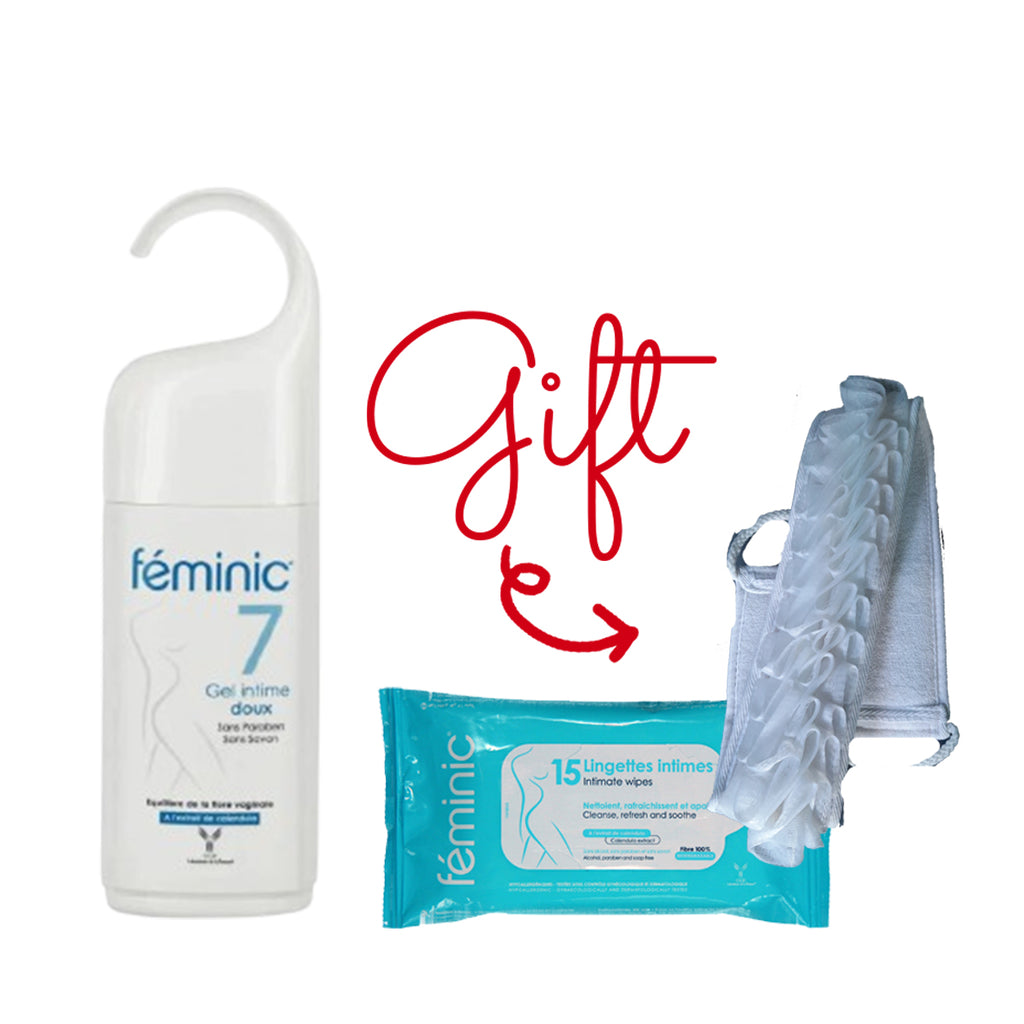 Buy Feminic 7 bottle of 200ml And Get A FREE Feminic wipes pack And Loofah