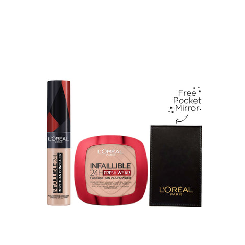 20% OFF l'Oréal Paris  24H FreshWear Foundation in a Powder + Infaillible Full Wear Concealer + FREE Pocket Mirror