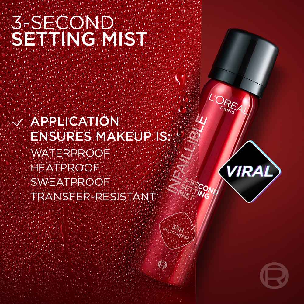 L’Oréal Paris Infaillible 3-Second setting mist spray, 36h of long wear, no transfer, no marks, no stickiness