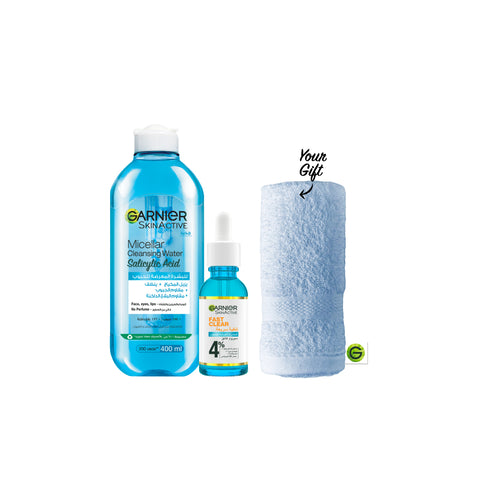 Garnier Fast Clear Serum & Micellar Water Facial & FREE Blue Face Towels