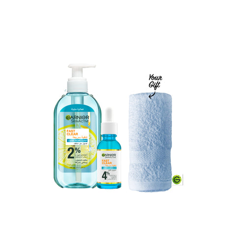Garnier Fast Clear Serum & Gel Wash & FREE Blue Face Towels