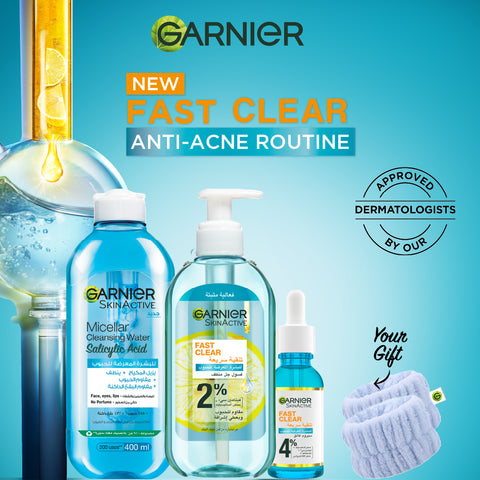 Garnier Fast Clear Serum & Micellar Water & Gel Wash & FREE Blue Wrist Band