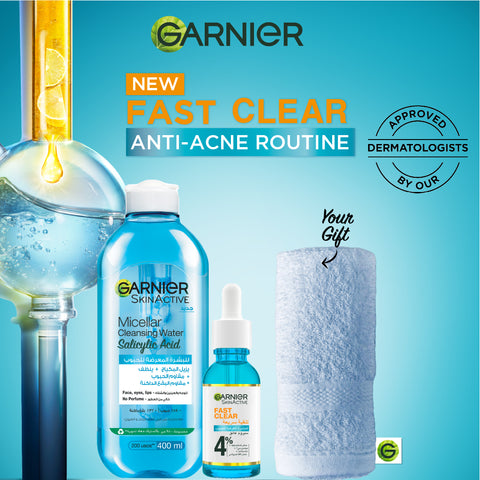 Garnier Fast Clear Serum & Micellar Water Facial & FREE Blue Face Towels